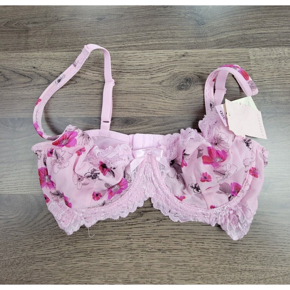Cabernet Bra Size 32D Women's Pink Floral Lace Sexy Underwire Lingerie Bow NWT